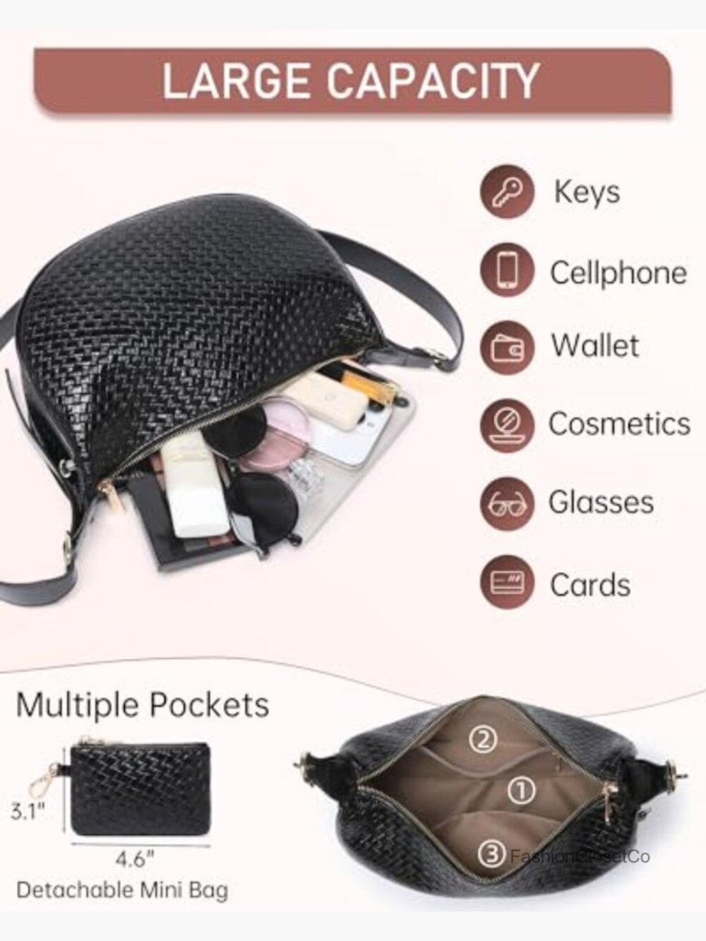 Woven Crescent Shoulder Bag 2PC Vegan Leather Hobo Crossbody Handbag with Small - Picture 6 of 7
